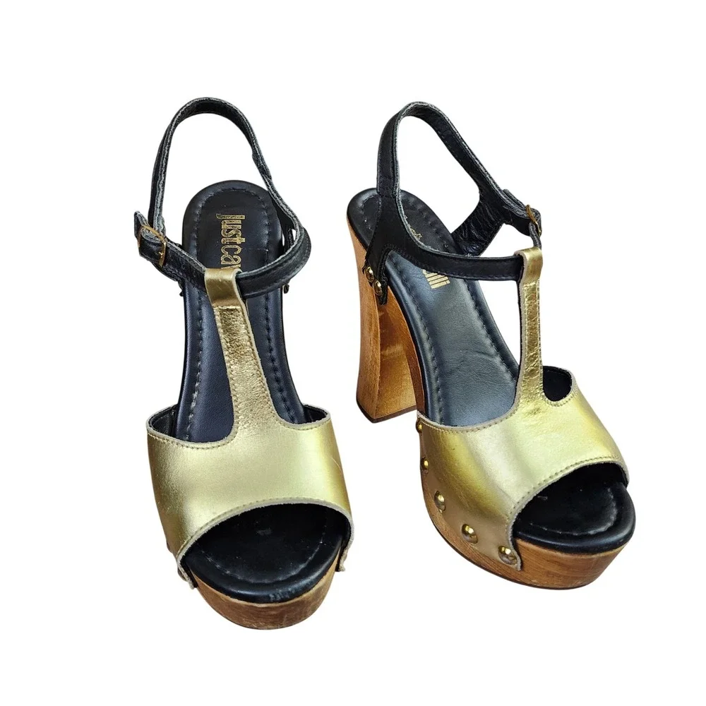 Just Cavalli Gold Black Leather Studded Wooden Platform Sandals Heels Italy 37